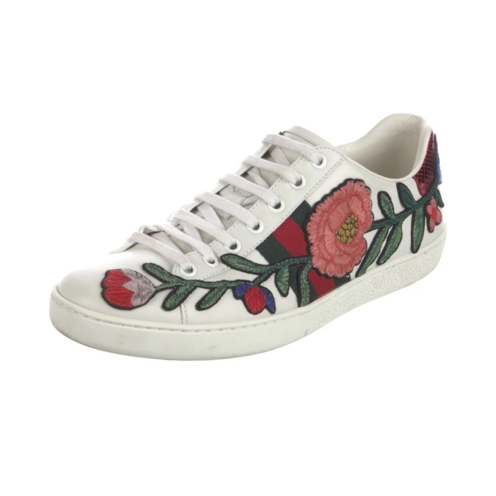 Gucci White Leather Floral Embroidered Low Top Sneakers - W8.5 (38.5) Authentic - Picture 4 of 16